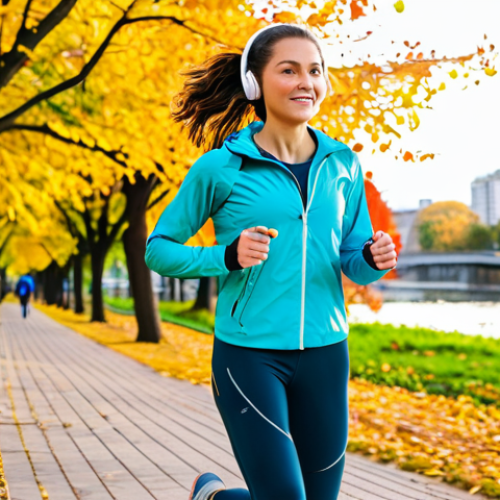 "Mood-Boosting Run"**

A woman with a determined expression jogging through a vibrant urban park at sunrise, fully clothed in athletic wear (running leggings, sports bra under a light jacket), headphones on, perfect anatomy, well-formed hands, appropriate content, safe for work, natural pose, professional photography, high quality, bright and uplifting atmosphere, professional. The background features trees with colorful fall foliage and distant city buildings.

**