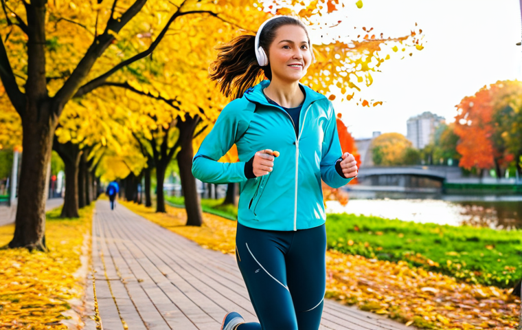 "Mood-Boosting Run"**

A woman with a determined expression jogging through a vibrant urban park at sunrise, fully clothed in athletic wear (running leggings, sports bra under a light jacket), headphones on, perfect anatomy, well-formed hands, appropriate content, safe for work, natural pose, professional photography, high quality, bright and uplifting atmosphere, professional. The background features trees with colorful fall foliage and distant city buildings.

**