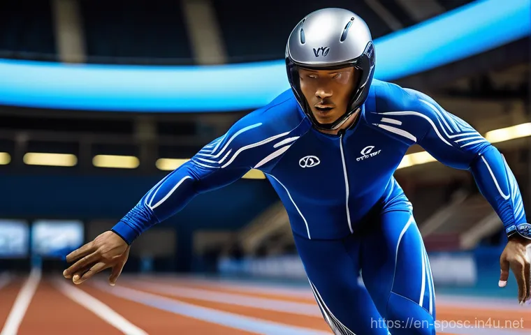 스포츠 사고 예방 - **Prompt 1: The Apex of Smart Protection**
    "A male athlete, muscular and focused, sprinting powe...