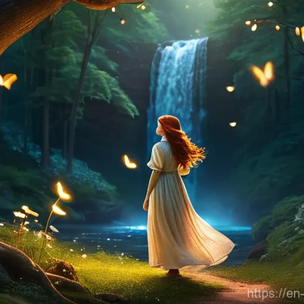 스포츠 연구의 윤리 - A whimsical forest scene at dusk. A young woman with flowing, auburn hair, dressed in a simple, mode...