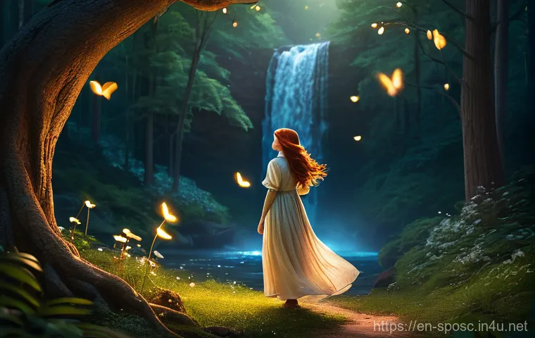 스포츠 연구의 윤리 - A whimsical forest scene at dusk. A young woman with flowing, auburn hair, dressed in a simple, mode...