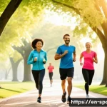 운동 강도의 이해 - A vibrant outdoor scene showing a diverse group of adults engaged in moderate intensity exercise suc...