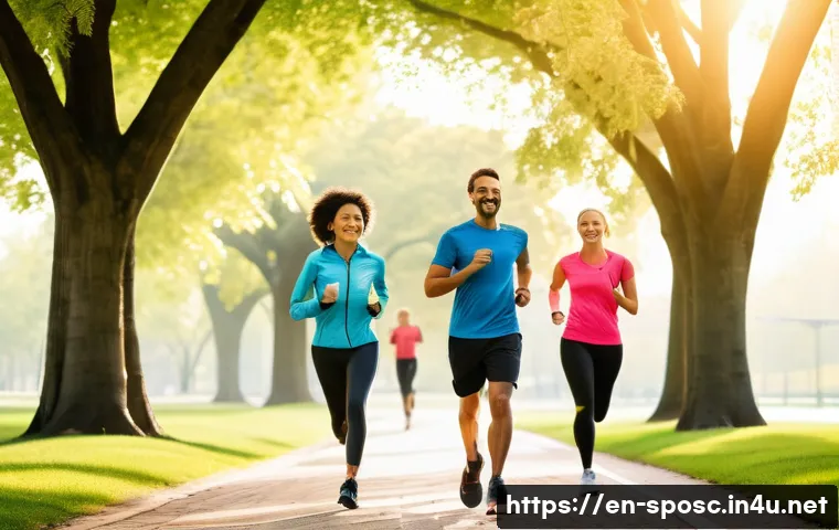 운동 강도의 이해 - A vibrant outdoor scene showing a diverse group of adults engaged in moderate intensity exercise suc...