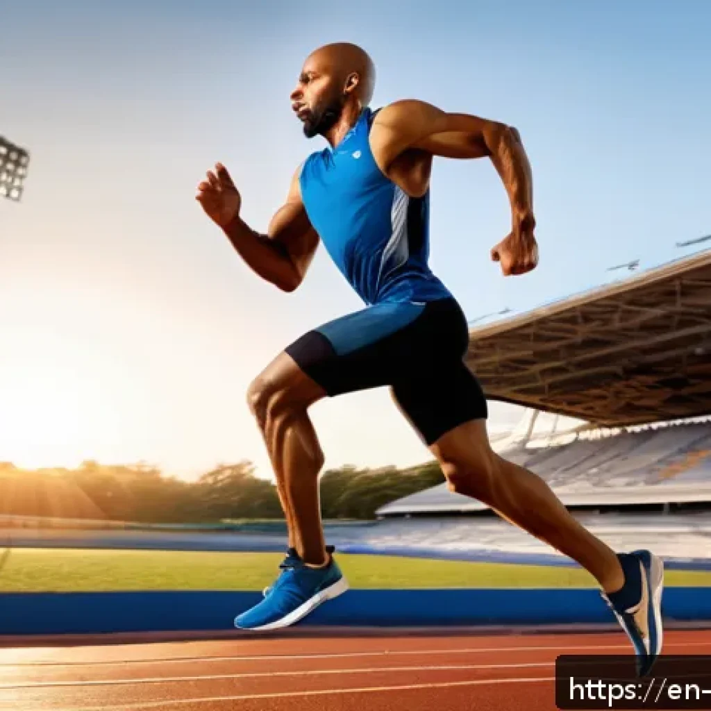 스포츠 생리학 - A dynamic scene of a male sprinter in mid-stride on a professional outdoor track during sunrise, sho...