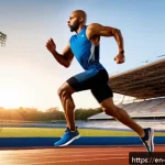 스포츠 생리학 - A dynamic scene of a male sprinter in mid-stride on a professional outdoor track during sunrise, sho...