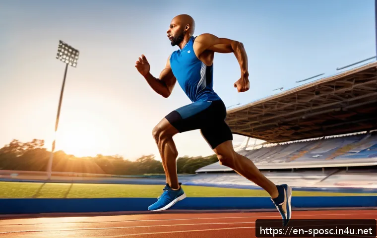 스포츠 생리학 - A dynamic scene of a male sprinter in mid-stride on a professional outdoor track during sunrise, sho...