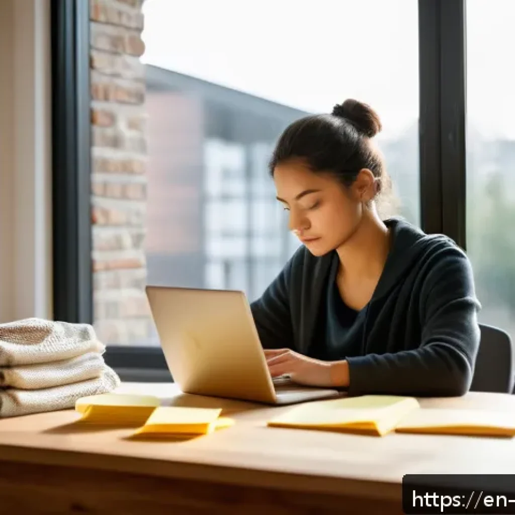 심리학적 접근 - A serene, modern home office scene featuring a thoughtful young adult sitting at a desk with a lapto...