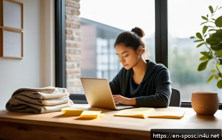 심리학적 접근 - A serene, modern home office scene featuring a thoughtful young adult sitting at a desk with a lapto...