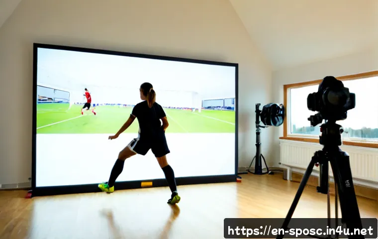 스포츠 기술 분석 - Photorealistic sports technology analysis scene in a modern athletic training lab, focused female so...