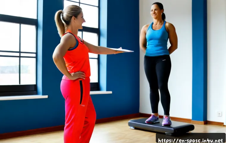 Home 30 체력 평가 - Photorealistic fitness assessment in a bright community recreation center, active middle-aged woman ...